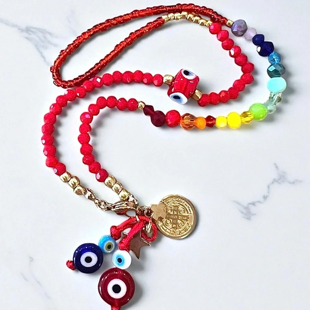 Vibrant Red Hand Beaded Rainbow and Evil Eye Protection Necklace 16”